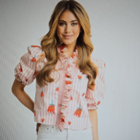 Karlie Tops - Karlie Poppy Stripe Puff Sleeve Ruffle Button Up Top Pink White Red M EUC